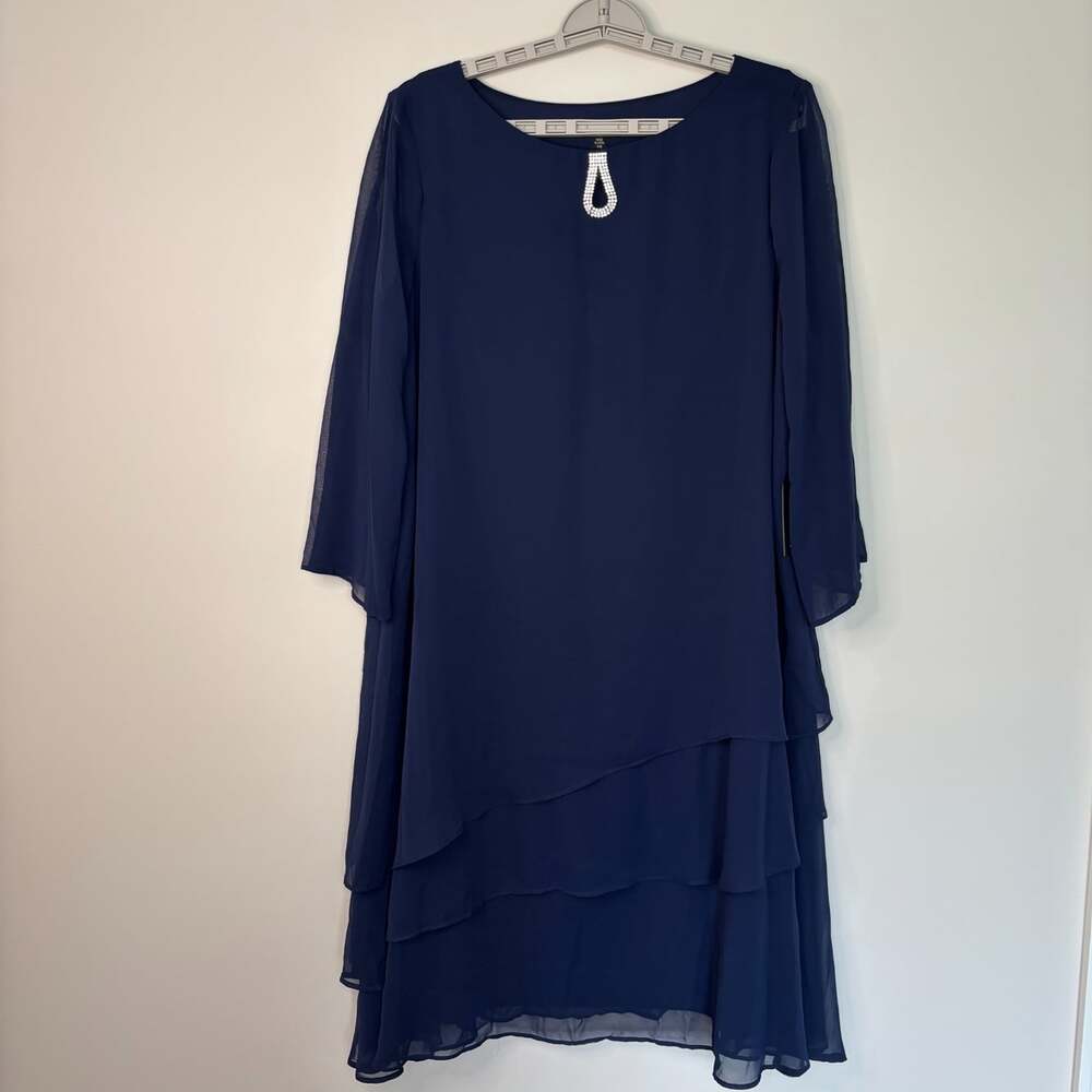 Marina NEW tiered cocktail dress womens 14 navy rhinestone sheer split sleeve